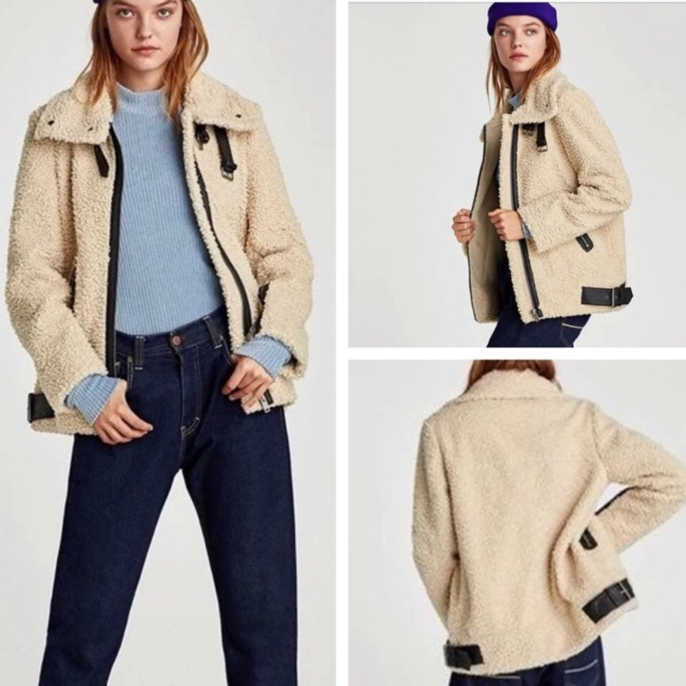 Zara Sherpa Leather Moto Jacket Teddy Aviator Buckle Trim Zip Up Black Coat Cozy